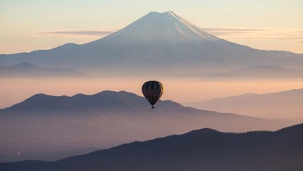 A hot air balloon floats near a snow-capped mountain range, shrouded in mist, at dawn