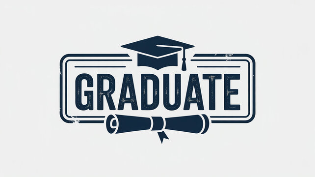 High-demand vector graduation emblem, modern academic seal, navy serif GRADUATE text, distressed stamp frame, cap and scroll, flat blue white, isolated scalable,optimizeducation.