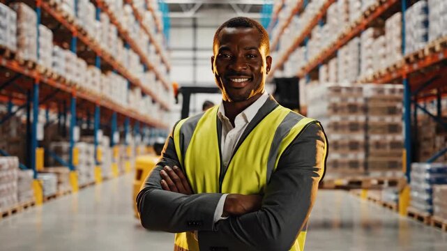 African American man in warehouse with forklift behind him arms crossed smiling confidently. Logistics worker in hi-vis vest posing in storage facility. Industrial supply chain and distribution