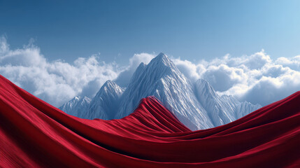 Snowy mountain peak with dramatic red fabric waves in foreground under blue sky and clouds, creating striking and surreal landscape