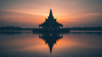 Fototapeta premium A serene temple reflected in calm water at sunset, silhouetted against a vibrant sky