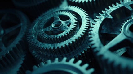 Close up view of precisely engineered metal gears meshing smoothly in a mechanical system