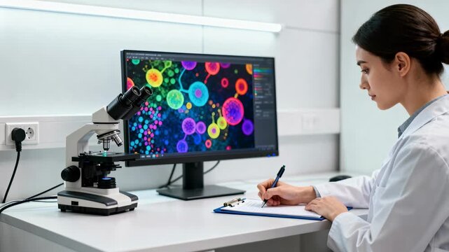 Woman scientist analyzes cell images on a computer monitor in a clinical laboratory. She takes notes beside a microscope while the screen shows colorful circular structures used in research and diagno