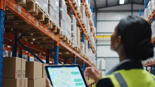 Woman in warehouse using tablet for navigation. Over-the-shoulder view of logistics worker viewing digital map and gesturing. Inventory management and supply chain technology footage.