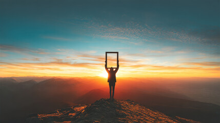 Photorealistic vibrant sunrise person standing on mountain peak holding empty frame with colorful sky and distant hills