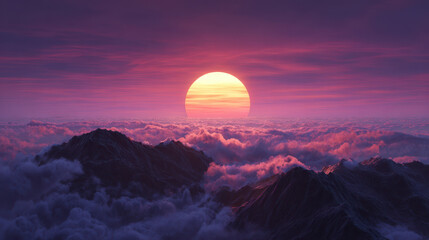 Vibrant sunrise over mountain peaks with clouds below and colorful sky creating peaceful and inspiring natural landscape scene