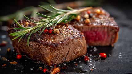Juicy steak prepared with spices and herbs served on a dark surface