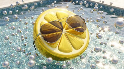 Golden Lemon Slice with Sunglasses Floating in Sparkling Pool