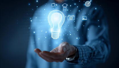 Innovative business concept with glowing lightbulb icons held in hands showcasing creativity, technology, ideas, and digital transformation for marketing