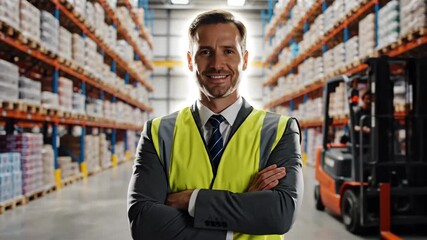 Warehouse worker man standing with arms crossed in storage facility. Confident professional in safety vest posing before shelves and forklift. Industrial logistics environment footage showing