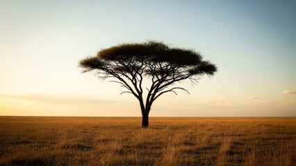 A solitary tree silhouette stands in an expansive, grassy savanna at dawn/dusk with gradient sky