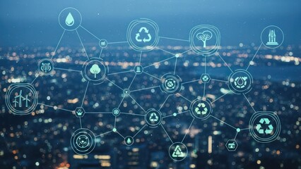 An aerial night scene of a city, interconnected with glowing eco-symbols overlay