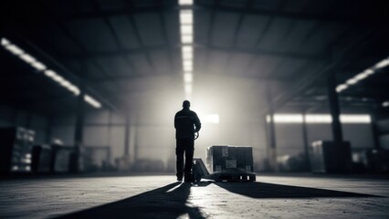 Back view of worker pushing a pallet jack with boxes down a large, dimly lit warehouse