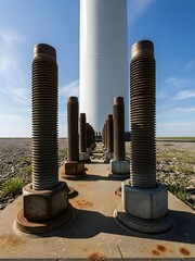 Industrial bolts securing a large metal structure in an outdoor setting with a blue sky