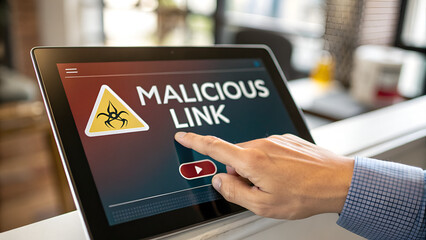 Social media scam or fraudulent advertisements.  close up hand tapping on a malicious link in a post.
