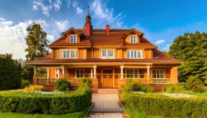 Fototapeta premium Elegant Two-Story House with Manicured Garden and Blue Sky Backdrop.