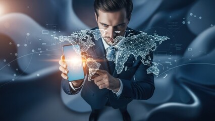 Businessman holding a phone projecting a world map; technology integration concept