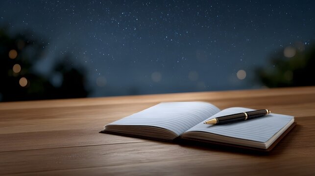 An open notebook and pen rest on a wooden desk beneath a dark starry night sky evoking a sense of quiet contemplation and creativity
