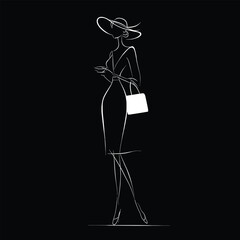 Elegant minimal line art illustration of a stylish woman wearing a hat and holding a handbag. Luxury fashion silhouette in white lines on black background