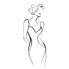 Elegant minimalist line art of a woman in a dress. Clean flowing lines, modern fashion illustration ideal for branding, editorial and design use