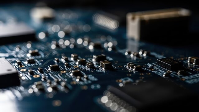 Close-up of a blue circuit board with various electronic components