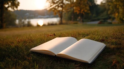 An open notebook rests on green grass during a golden hour sunset by a calm lake with trees in the background