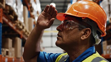 Closeup profile of warehouse worker inspecting shelves. Man in hard hat and safety gear gesturing at storage boxes. Industrial logistics and inventory management concept footage. - Powered by Adobe