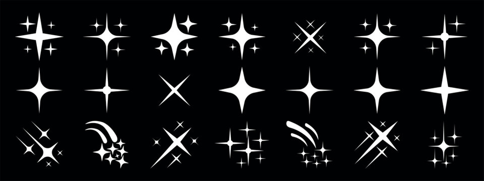 Shining star. black background star, shine sparks and sparkle shapes vector illustration. Sparkle vector icons set. Shine symbol illustration. star sign collection.
