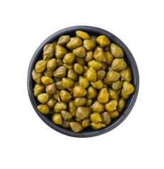 pickled capers in a black ceramic bowl isolated on a white background, top view.