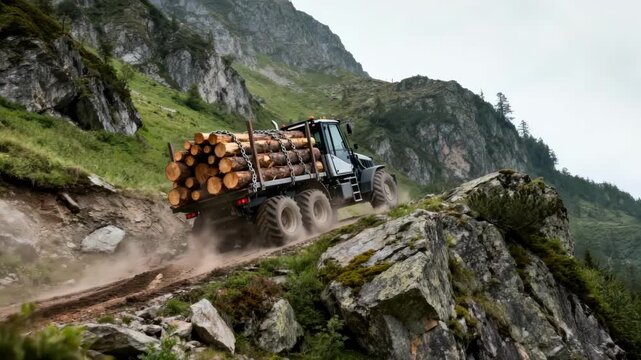 Medium shot of a forestry skidder navigating steep rocky slopes while securely hauling heavy logs through challenging mountainous terrain.