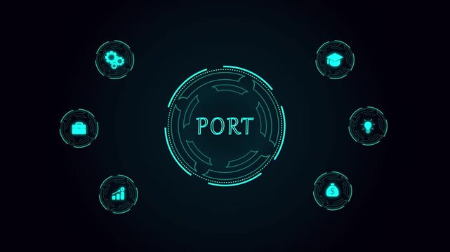 PORT  Interface with Global World Map, Finance Icons, Corporate Budget Analysis and Futuristic Business Dashboard