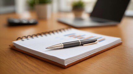 Pen on an open notebook displaying business charts rests on a wooden office desk with a laptop and calculator