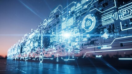 Glowing blue digital circuits depict a high-tech train against an evening sky