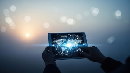 Hands holding a tablet displaying a world map with glowing connections, lit by sun