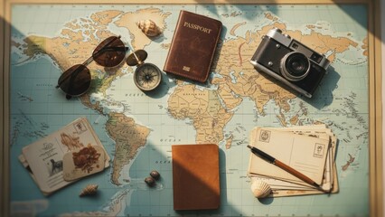 Flat lay of travel essentials on a vintage world map. Sunlight highlights the journey