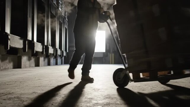 Silhouette of man pushing hand truck loaded with boxes through dimly lit warehouse. Industrial logistics worker transporting goods in factory setting. Dynamic movement sequence footage.