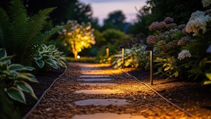 Obraz premium Illuminated garden path through lush greenery, leading into a twilight scene