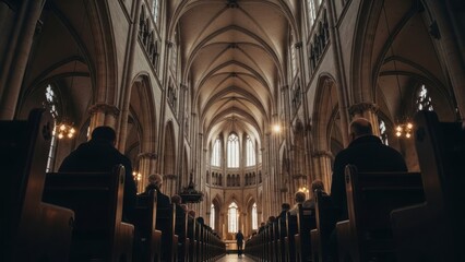 Obraz premium Inside a large church with arched ceilings and rows of pews, some filled with people