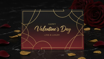 Elegant Valentine's Day Card Design with Golden Accents and Luxurious Roses, Celebrating Love with a Sophisticated Radiance