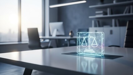 Modern office interior with a digital scale of justice graphic on the desk