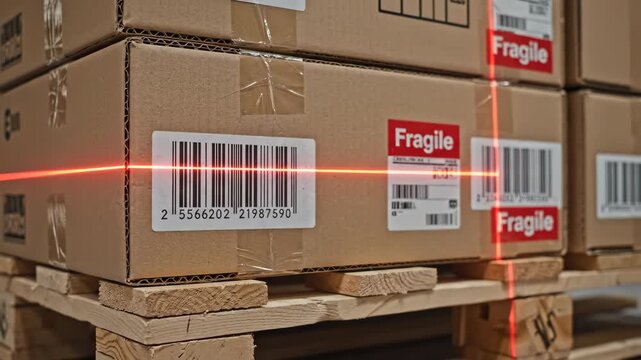 Slow panning closeup of stacked cardboard boxes with fragile labels and barcodes. Laser beam scanning shipping packages in warehouse setting. Logistics and delivery process footage.