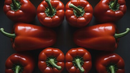 Overhead shot of ripe, glossy red bell peppers arranged on a dark, reflective surface