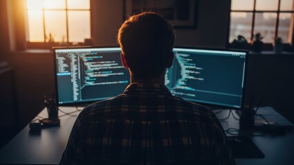 Person at desk codes on dual monitors bathed in warm sunlight, back to viewer
