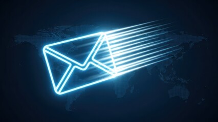 Glowing fast email icon over digital world map background