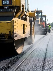 Road construction site with heavy machinery in action on a clear day from a low angle