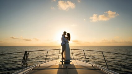 Romantic couple embraces on a yacht at sunset, golden light illuminating ocean