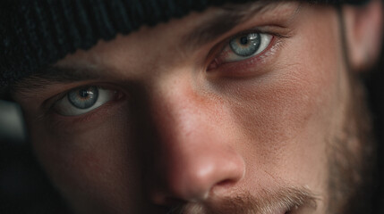 Fototapeta premium Close view of a person with blue eyes and facial hair wearing a dark beanie