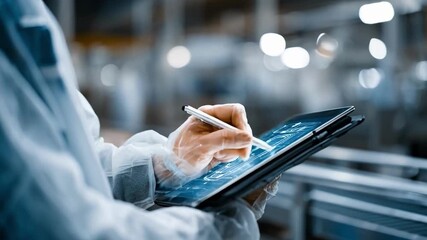 Medium shot of a technician entering blockchain data on a tablet to securely record meat tracing details from processing to retail. - Powered by Adobe