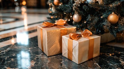 Festive Gift Boxes Under Decorated Christmas Tree in Warm Holiday Setting