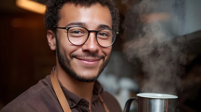 A friendly barista with glasses smiles while holding a steaming hot coffee mug in a warm cafe - Powered by Adobe